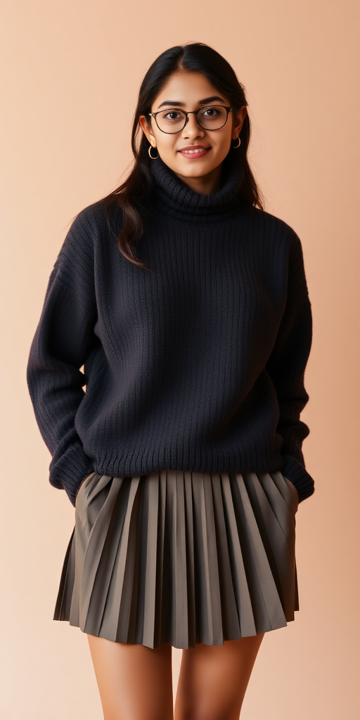 A photo of a nerdy 18 year old Indian woman, wearing a pleated miniskirt and an oversized turtleneck sweater covering most of the skirt.