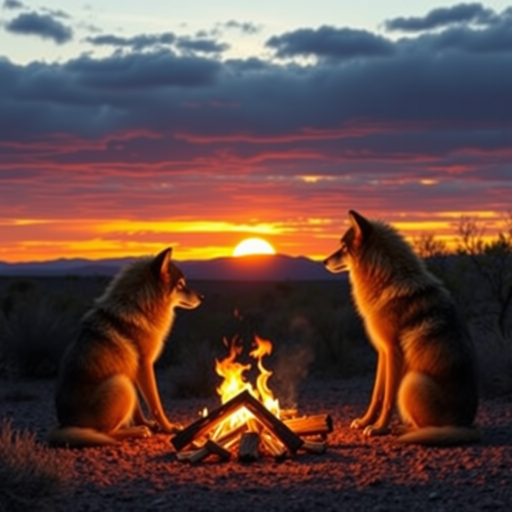 Arizona sunset with two wolves sitting around a campfire looking into the sunset.