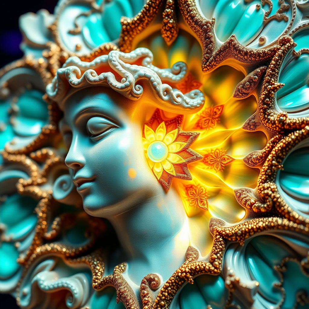 statue, mandelbulb fractal, sacred geometry, ultra-detailed, dynamic composition, artistic photograph, fractal, brilliant colors, glittering, illumination, transparency, translucent, turquoise, gold, romanticism, sharp focus, abstract pottery, floral, mother of pearl, iridescent