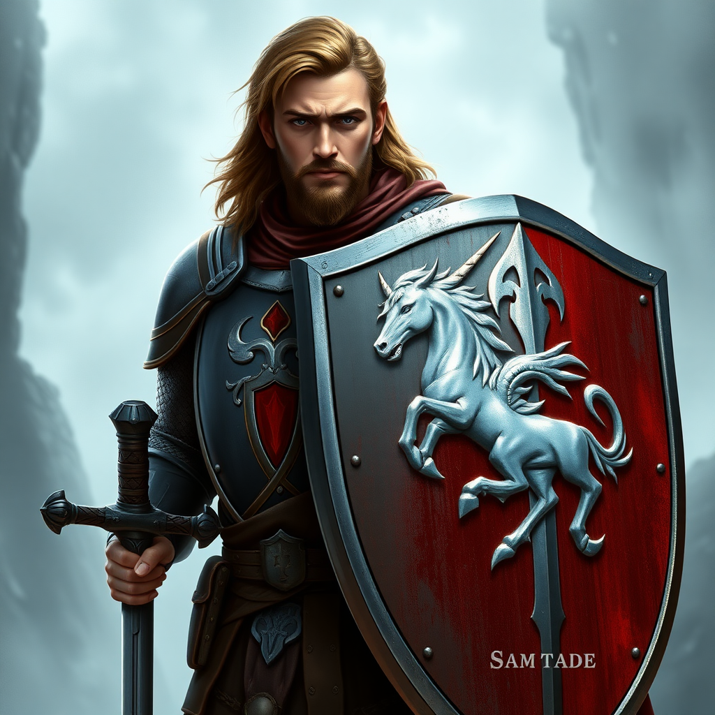 In a fantasy world, a paladin resembling Sam Wise, carrying a shield with a coat of arms depicting a silver unicorn head, high definition, normal and standard human appearance, no beard. Full-body character, sword at his side and shield on his left arm.