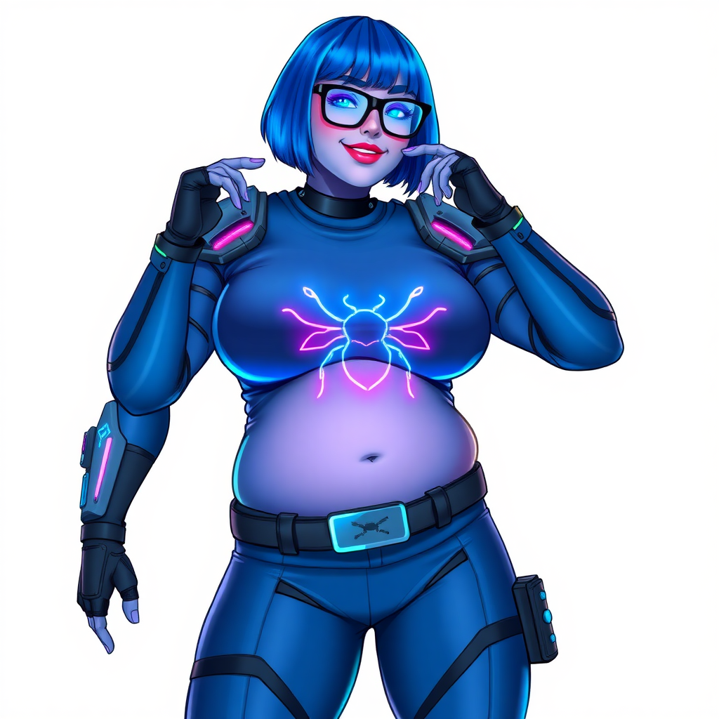 A 28-year-old, full-figured, metallic maximum blue (5PB 5/10) skinned computer program hybrid with a maximum blue bob cut. She has a non-athletic build, highlighted by a prominent, round, large midsection (with emphasis on her belly), which shows the effects of her new love of junk food acquired from her boyfriend. As the full-figured, nerdy, digital sidekick to her cyberpunk vigilante boyfriend, her metallic maximum blue skin and maximum blue lipstick (5PB 5/12) emphasize her digital nature. Her skin has a subtle, animated glow, with digital patterns occasionally flickering across it, making her digital nature obvious. She wears a digital, computerized superhero costume, consisting of a huge, tight-fitting, maximum blue t-shirt (5PB 5/12) made out of advanced nanotech with a neon blue glowing chest icon of a beetle, hi-tech shoulder pads with neon blue accents, a black hi-tech belt with a digital neon blue glowing buckle, digital maximum blue biker pants (5PB 5/12) with neon blue accents, and black hi-tech fingerless biker gloves with neon blue glowing accents. Her neon blue glowing eyes, black eyeglasses with neon blue glowing lenses equipped with a built-in HUD, and bashful smile with neon red blush accentuate her nerdiness.

She stands with a shy, slightly hunched posture, one hand nervously adjusting her glasses while the other clutches a digital tablet close to her chest. Her pose reflects her intellectual curiosity and slight social awkwardness, much like Sci-Twi. Her costume covers all her skin and emphasizes her full-figured physique (especially her belly). Despite her build, she radiates beauty. She has a slim face compared to her physique, accentuating her radiant beauty. She is on a solid white background. She is drawn as if she were in a retro 2D cyberpunk fighting game.