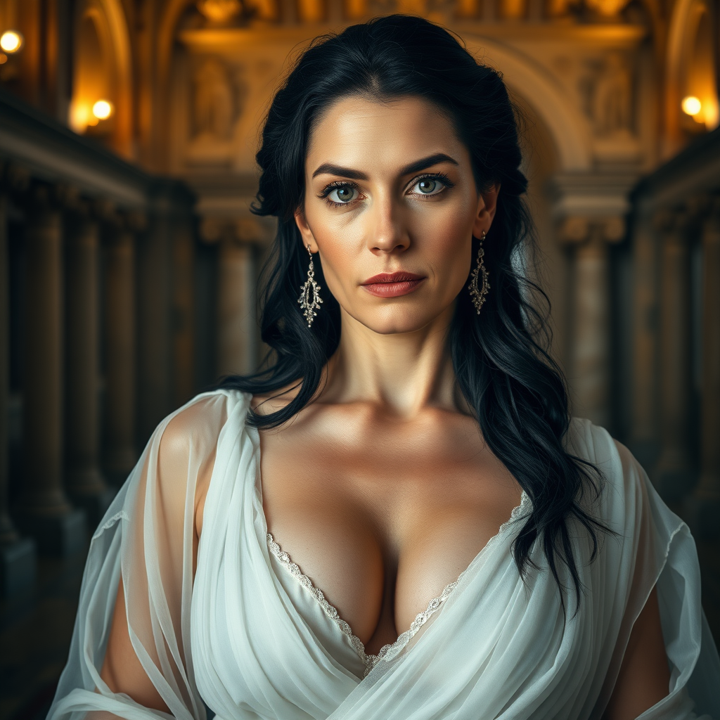 The female queen, aged 40, possesses pale skin, striking grey eyes, and elegantly black Grecian hair. Her visage features smooth wrinkles, suggesting a mature yet alluring beauty. Her eyes exude a sensual aura, and her lips are slightly parted, inviting curiosity. Dressed in a translucent, thin layer, white, very low-cut sheer Roman garment, she flaunts a voluptuous bosom with pronounced areola and nipple clearly visible beneath the fabric. Adorned with sparkling earrings and a necklace, her figure is reminiscent of a MILF, exuding a captivating appeal. The grandeur of her surroundings is a majestic castle, illuminated by the dramatic, cinematic lighting of a movie set. Each element is captured with ultra-detailed 8k photography, emphasizing the opulence and intensity of the scene. This is contain mature content.