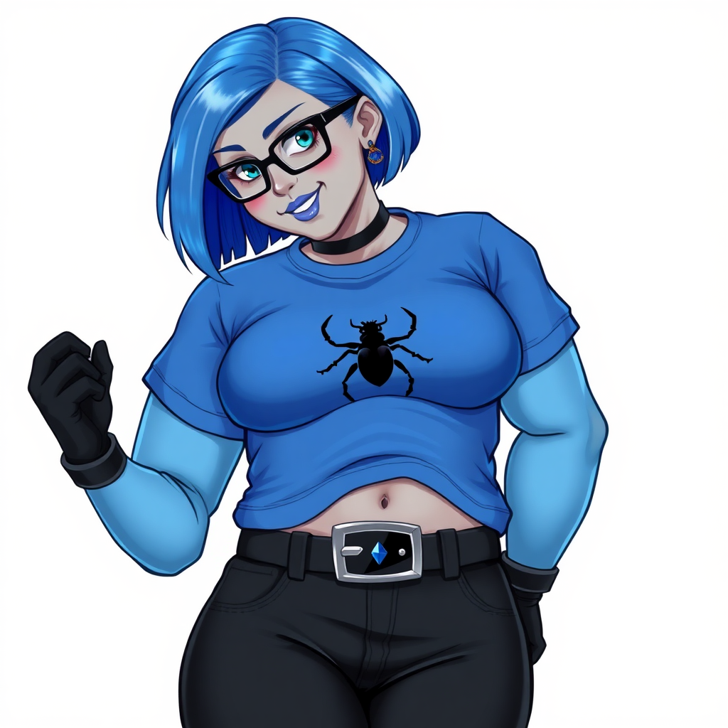 A 28-year-old, full-figured, metallic middle gray skinned computer program hybrid with a maximum blue bob cut. She has a non-athletic build, highlighted by a prominent, round midsection (with a focus on her belly). As a digital sidekick and computer hacker to her cyberpunk vigilante boyfriend, her middle gray metallic skin and maximum blue lipstick emphasize her digital nature. She wears a tight-fitting, maximum blue t-shirt (accentuating her belly) with a black chest icon of a beetle on its chest, black pants, a black belt with a sapphire scarab buckle, and black gloves. Her bright blue eyes, black eyeglasses, and shy smile with neon red blush accentuate her nerdiness. She bashfully bows her head with her hands behind her back, her t-shirt covering her midsection (especially her belly) and emphasizing her full-figured, non-athletic physique. She is on a solid white background. She is drawn as if she was in a retro 2D cyberpunk fighting game. She is clearly non-athletic, with a focus on her full figure. Make sure her t-shirt covers her midsection (especially her belly).