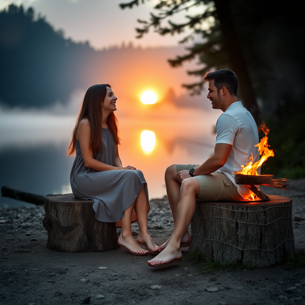 A young woman and her male friend sitting on a stump next to a fireplace at the shore of a lake. She has long brunette hair. She is wearing a dress. Barefoot. They are laughing together. The sinking sun is falling through the trees. A little fog is rising from the lake. Light like in a fairy tale, a bit mystic. Photo.