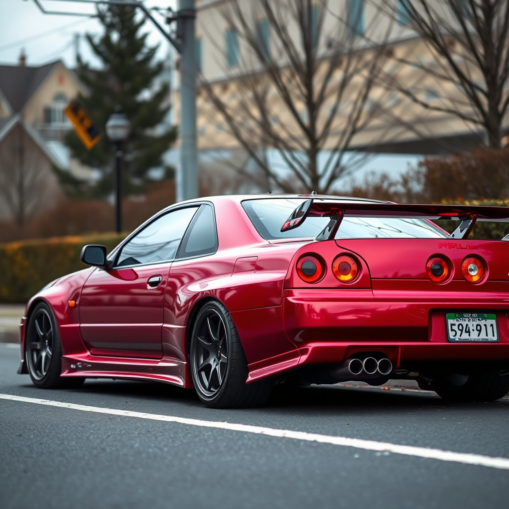 metallic shine nissan skyline r34 the car is parked on the side of the road, inspired by Taiyō Matsumoto, tumblr, restomod, nd4, c4 cold colors