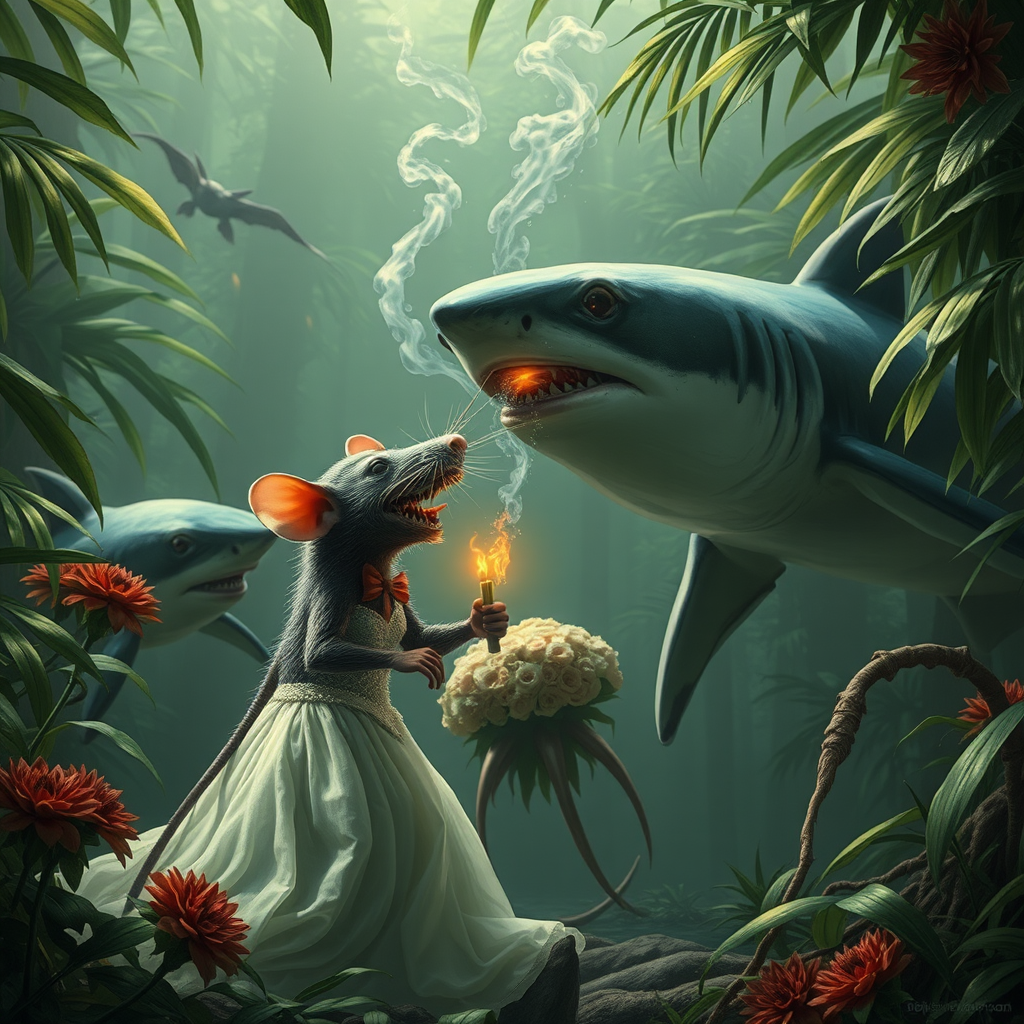 A rat wedding being attacked by hammerhead sharks, no text, Lovecraftian, sci fi, in the jungle, cigarette ad