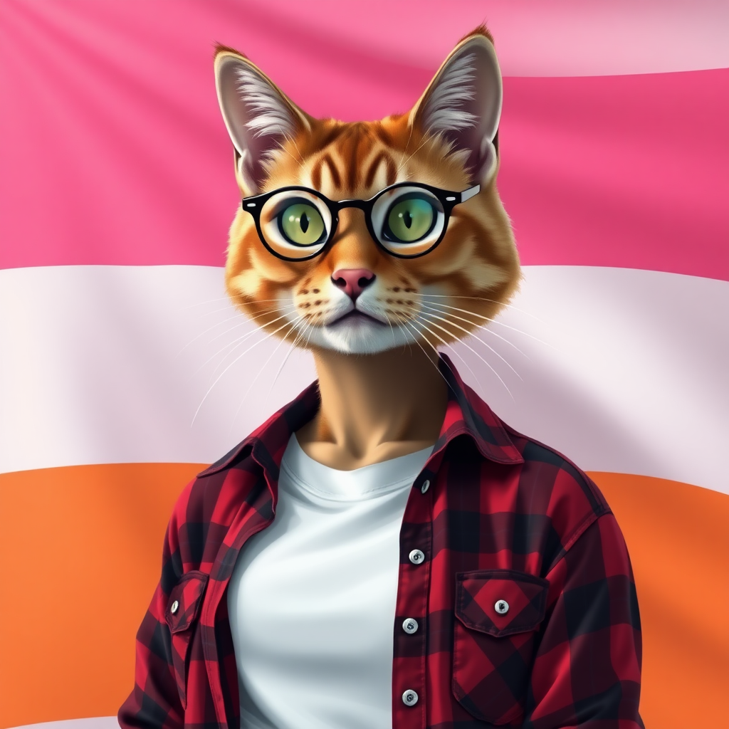 female cat-man in chestnut color with a flag behind in horizontal stripes of pink/light pink/white/light orange/orange, colors in that order, wearing semi-round glasses, an open red and black checked shirt over a white t-shirt, in digital art