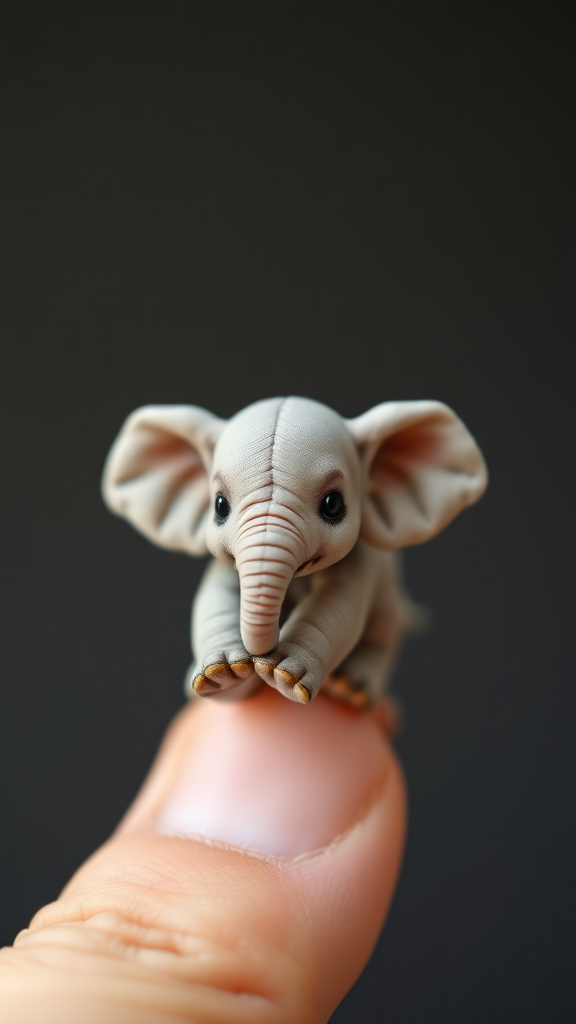 A cute real tiny baby elephant miniature holding in two fingers.