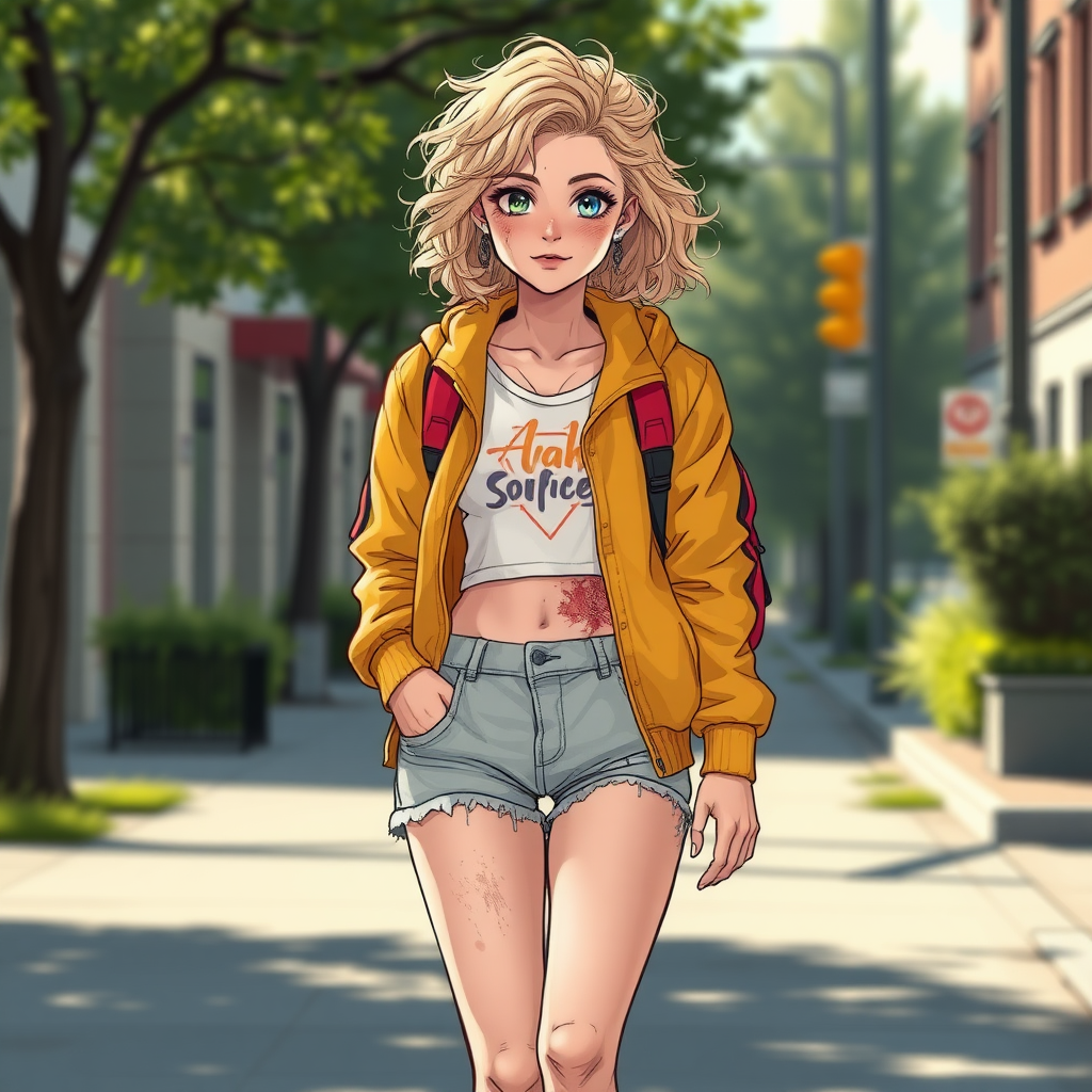 Realistic drawing style image, Extremely good quality 8k resolution drawn manga image of a 15 year old petite and short tomboy girl with golden blonde curly hair with mixed and different colored eyes for each eye and moles on her entire body and is a white American girl, Has on a Gold Jacket over a white extremely short crop top only covering her breasts and nothing more with a design on it, and has on ripped shorts and cool looking sneakers and a deep and big knife cut wound on her stomach from a huge injury she had, with a bright color backpack, ear piercings on, walking on the street to school in the morning with the beautiful sunlight lighting up her body beautifully with no tattoos.