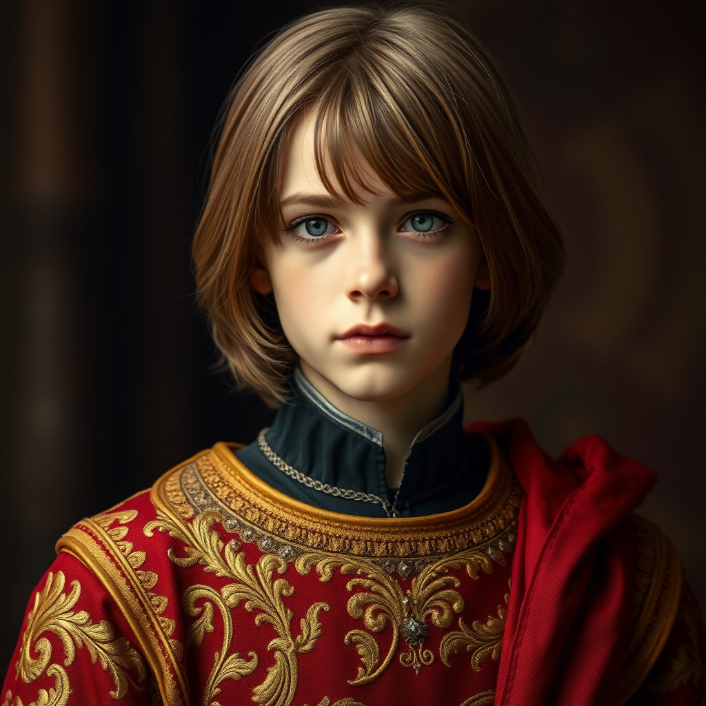 16yo teen boy prince, long bob cut, embroidered with gold and diamonds medieval cloths. photorealistic, ultra high resolution, 16K,