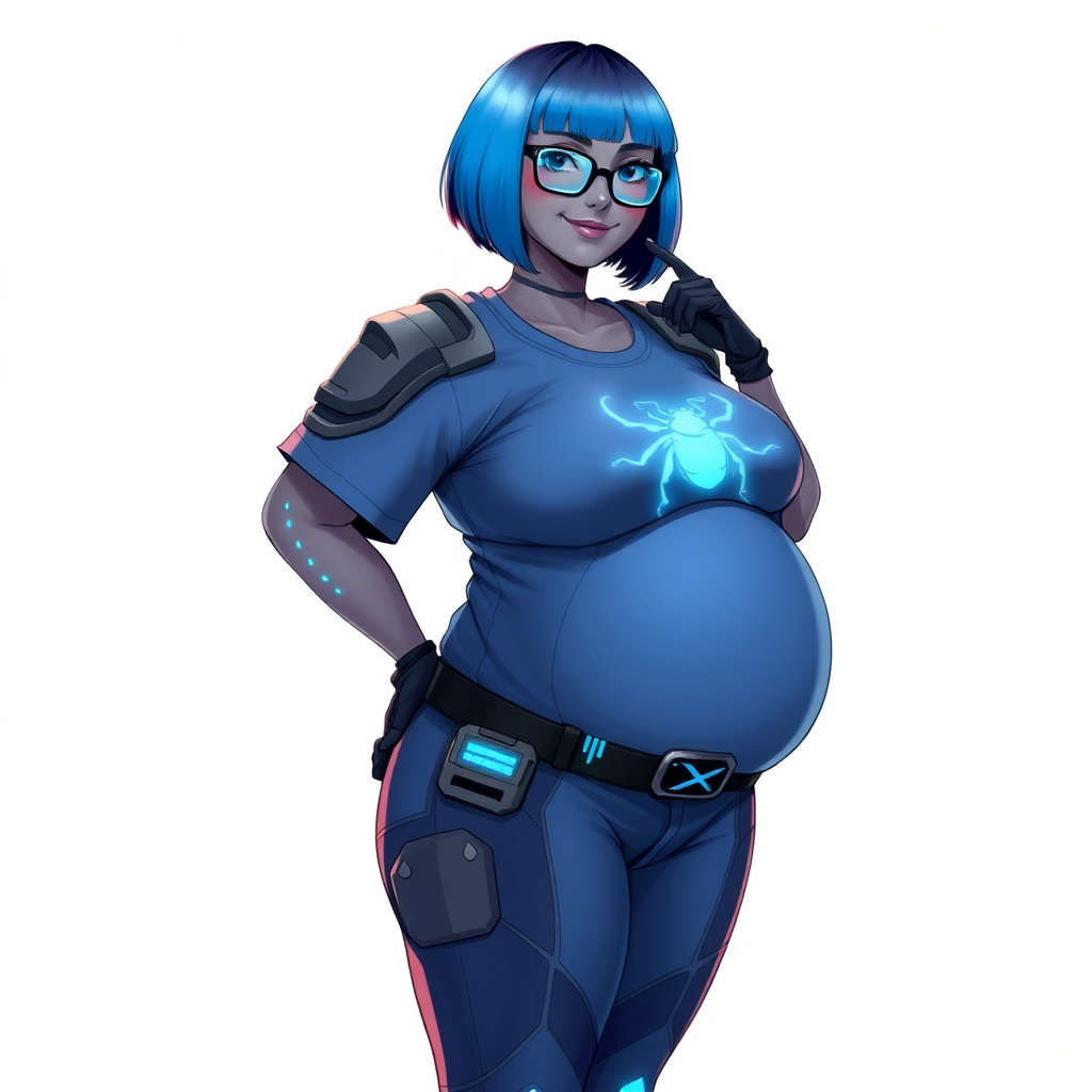 A 28-year-old, full-figured, Middle Gray skinned, computer program hybrid with a maximum blue bob cut. She has a non-athletic, full-figured build, highlighted by a prominent, round, large midsection (with heavy emphasis on her large belly). As the full-figured, nerdy, digital sidekick to her cyberpunk vigilante boyfriend, her metallic middle gray skin and maximum blue lipstick emphasize her digital nature. She wears a digital, computerized costume, consisting of a huge, tight-fitting, maximum blue t-shirt with a neon blue glowing chest icon of a beetle, hi-tech shoulder pads with neon blue glowing accents, a black hi-tech belt with a digital neon blue glowing buckle, digital maximum blue pants with neon blue accents, and black hi-tech gloves with neon blue glowing accents. Her bright blue eyes, black eyeglasses with neon blue glowing lenses with a built-in HUD, and shy smile with neon red blush accentuate her nerdiness. She stands bashfully with one hand behind her back and the other hand gently touching her cheek, her costume covering all her skin and emphasizing her full-figured physique (especially her belly). She is clearly non-athletic, with a heavy focus on her large belly. Despite her build, she radiates beauty. She has a slim face compared to her physique, accentuating her radiant beauty. She is on a solid white background. She is drawn as if she were in a retro 2D cyberpunk fighting game.