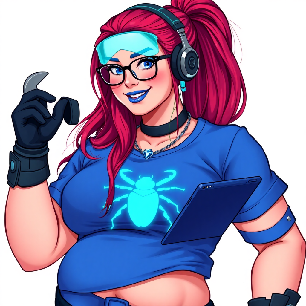 A full-sized, intelligent and tech-savvy 28-year-old computer hacker and tech genius. She has a long ruby red ponytail. She wears maximum blue lipstick, blue eyes, a sapphire beetle gemstone necklace, sapphire earrings, black eyeglasses, hi-tech power gloves, and an oversized maximum blue t-shirt featuring a neon blue glowing beetle chest icon. She has a full-figured physique with a gargantuan, round midsection, reflecting her well-cared-for lifestyle. She sports a sapphire headset with a hi-tech maximum turquoise lensed HUD, and a beaming smile accentuated by a passionate neon red blush. She serves as his tech expert from his hideout, holding a futuristic tool wrench and a futuristic digital tablet. The background is solid white. She is drawn as if she was in a retro 2D cyberpunk fighting game.