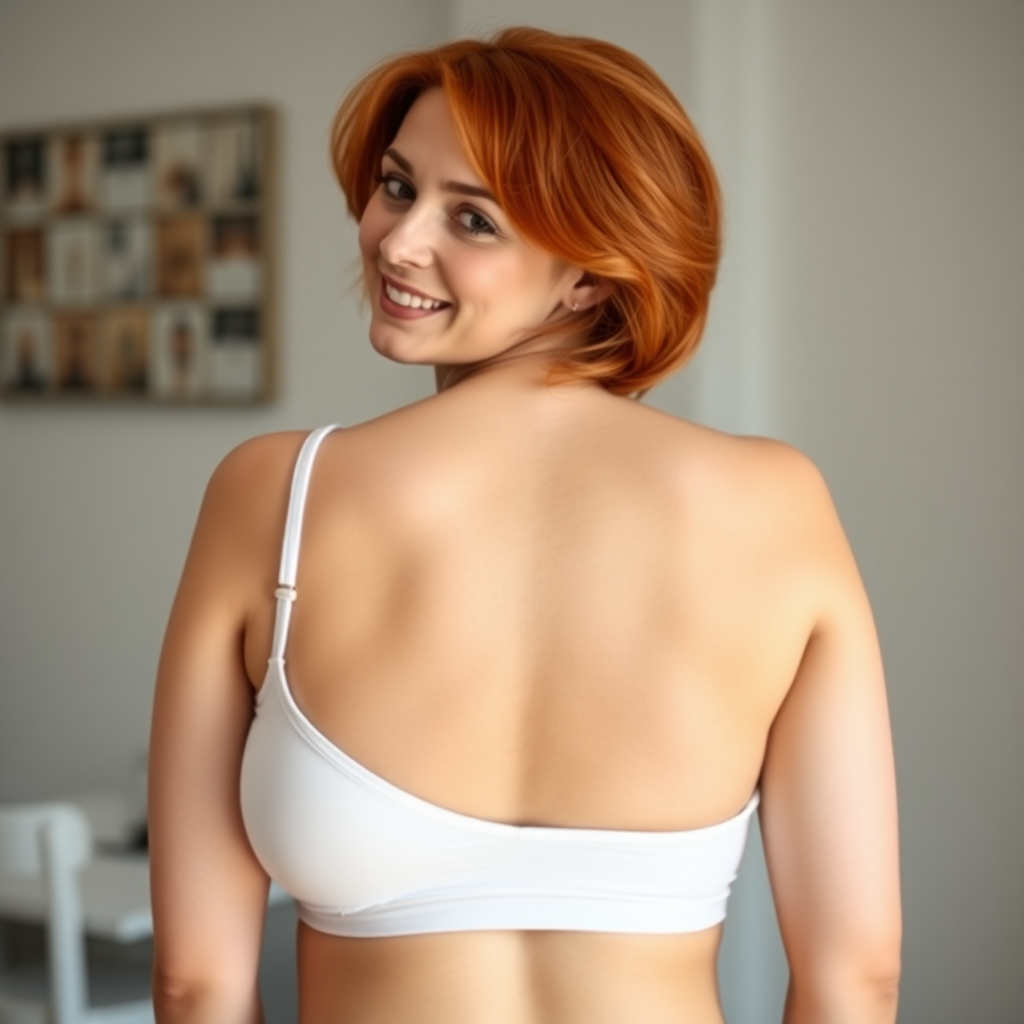 A ginger woman with pale skin, about 30 years old and with big breasts starts to open her bra, full body shot from behind, she turns her head gently towards the camera and smiles.