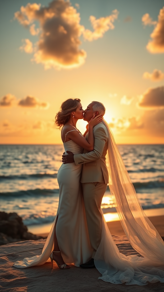 In the background, Sofia Loren and Morgan Freeman elegantly dressed, she heels and he patent leather shoes, he passionately kisses the bride, in the background the sea with a beautiful beach, sunset sky with the sun's rays with clouds. 16K ultra-high definition.