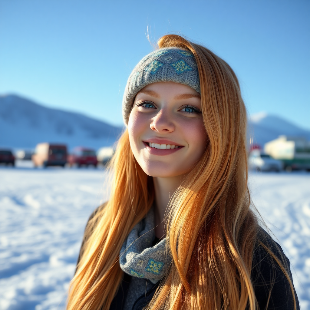 beautiful young woman with lush ginger cherry blonde long hair, happy full lips, on Alaska Anchorage in sunny snow