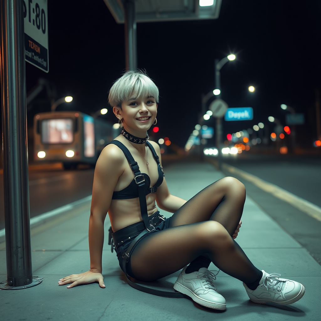 photorealistic, ultra high resolution, 16K, surreal fantasy, studio lighting, a pretty 16 year old goth boy, slim male physique, short blonde hair, goth makeup, earrings, pantyhose, harness, spikey dog collar and leash, trainer-bra, white ballet shoes, sitting at the bus stop, excited smile, facing the camera.