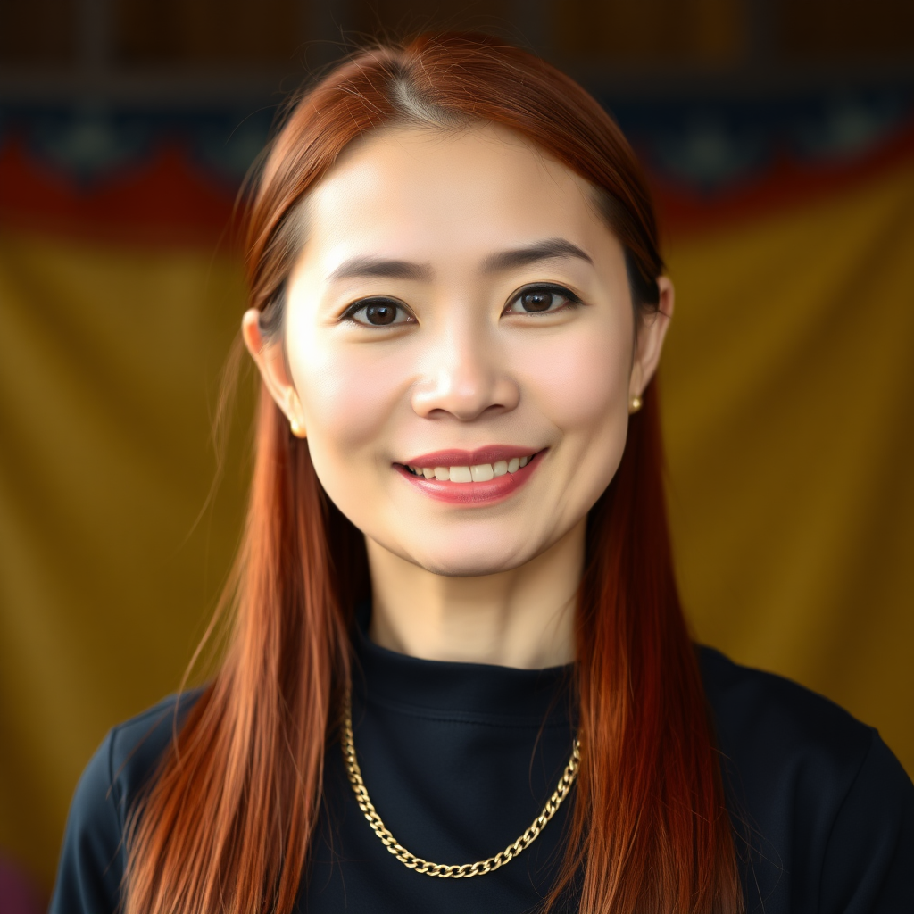 A 45 year young North-East Thai woman with cherry red colored long straight hair and a fine gold chain.