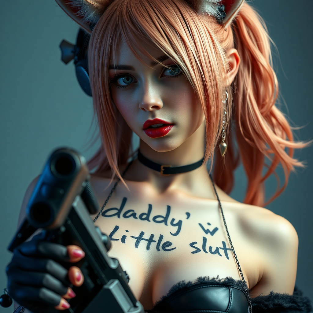 Full body shot, Real life photo of a cyberpunk waifu, she has “daddy’s little slut” written on her skin with lipstick. She is holding a big gun, she has fox ears, tiny metal nipple tassels.