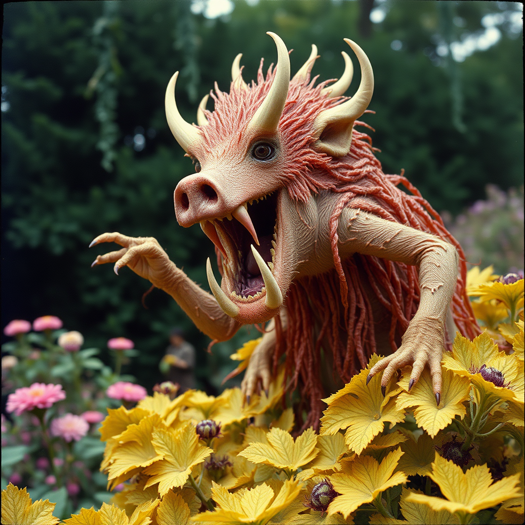 highly detailed Kodachrome color real British surrealist photograph from 1971 of Botanical creature stirs! Seeking revenge  
Royal beast did not forget  
He came home to London  
And made a present of the Hogweed  
To the Royal Gardens at Kew