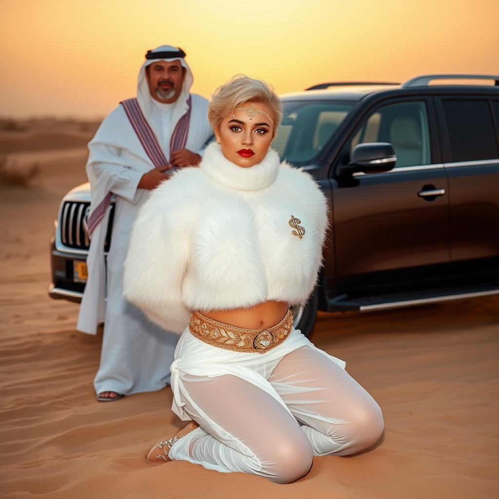 Kuwait desert dunes misty dawn, full size luxury SUV: Melissa, European 17 years old very convincing femboy “trophy-bimbo”, tamed servile docile, very beautiful feminine flawless face, rather short, by hormones very curvaceous womanly figured, platinum blond short tight curls, bold red lips, heavily made-up face, wearing Supertanya-style fluffy very fuzzy bright white angora turtleneck-poncho cropped ending under bust decorated with pearls and gemstones, striking oriental wide gold bridal protection belt, white fully transparent harem pants, full Oriental bridal jewelry including headpiece, nose-ring, coin anklets, striking diamond “$$$” letter brooch on left chest, pout frustrated, hands tied behind back, kneeling in sand in front of SUV, looking at camera. Focus on face and turtleneck-poncho. Standing behind Melissa: older overweight tall proud sheik, approvingly padding Melissa.