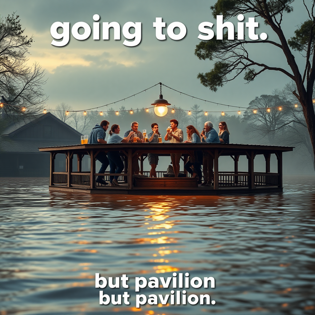 Create an image of a pavilion in a flooded environment and people comically partying on it drinking beer while the world is completely overflooded. Focus on the humorous contrast of the situation. Include the text "going to shit" The bottom part should have the text "but pavilion"