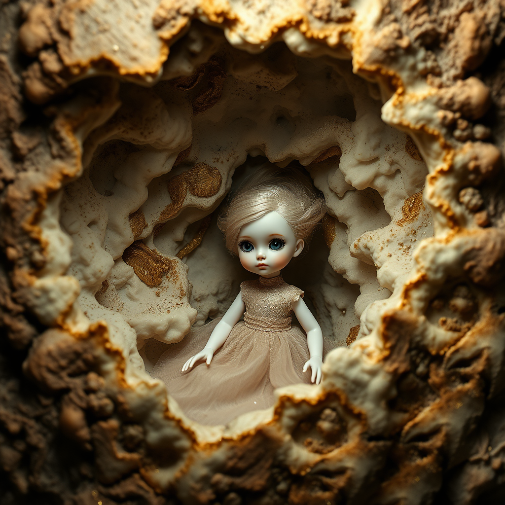 a porcelain doll in a cave, artists doll, bjd, high quality photo, intricate environment, ultra-detailed, impressionistic, dynamic composition, artistic photograph, matte texture, geode, alabaster, gold, fractal