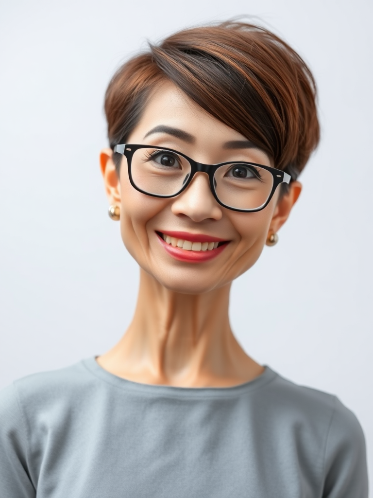 no background, masterpiece, real photo, detailed, front view, nerdy mature woman, average slim and tall body, brown short asymmetric bobcut with right side fringe bangs, broad forehead, pretty youthful mature oblong face, big head, big bulb nose, big large mouth with plump lips, big yellowish teeth, brown doe eyes, pedunculated fibroids on left cheek, large neck, wide shoulders, teardrop saggy small breast, simple grey dress, big black eyeglasses, stud earrings