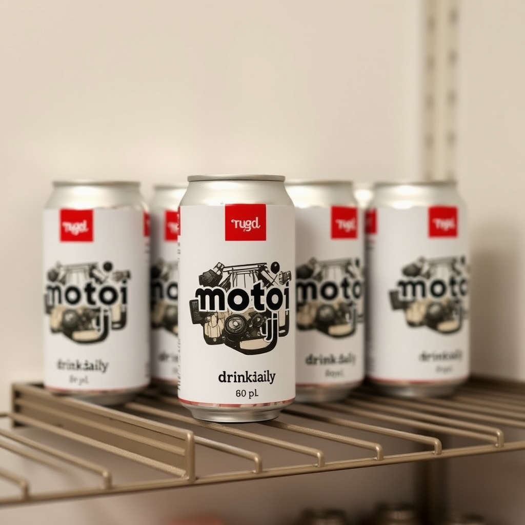 a small shelf with cans that have an image of car engine on the label and text saying "motor oij drink daily"