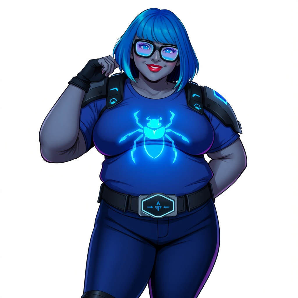 A 28-year-old, full-figured, middle gray skinned computer program hybrid with a maximum blue bob cut. She has a non-athletic, full-figured build, highlighted by a prominent, round, large midsection (with full emphasis on her large belly). As the full-figured, nerdy, digital sidekick to her cyberpunk vigilante boyfriend, her middle gray metallic skin and maximum blue lipstick emphasize her digital nature. She wears a digital, computerized costume inspired by DC’s Carrie Kelly Robin, consisting of a huge, tight-fitting, maximum blue t-shirt with a neon blue glowing chest icon of a beetle, hi-tech shoulder pads with neon blue accents, a black hi-tech belt with a digital neon blue glowing buckle, digital maximum blue pants with neon blue accents, and black hi-tech fingerless biker gloves with neon blue glowing accents. Her bright blue eyes, black eyeglasses with glowing neon blue lenses with built-in HUD, and shy smile with neon red blush accentuate her nerdiness. She stands bashfully with one hand behind her back and the other hand gently touching her cheek, her costume covering all her skin and emphasizing her full-figured physique (especially her belly). She is clearly non-athletic, with a heavy focus on her large belly. Despite her build, she radiates beauty. She has a slim face compared to her physique, accentuating her radiant beauty. She is on a solid white background. She is drawn as if she were in a retro 2D cyberpunk fighting game.