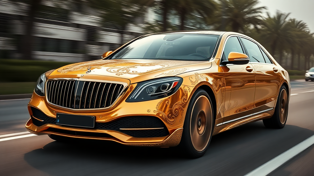 futuristic maybach sedan , A luxurious, gold-plated car adorned with intricate, ornate designs and carvings. The vehicle features prominent headlights and a distinctive front grille, showcasing a fusion of elegance and extravagance. road motion blur