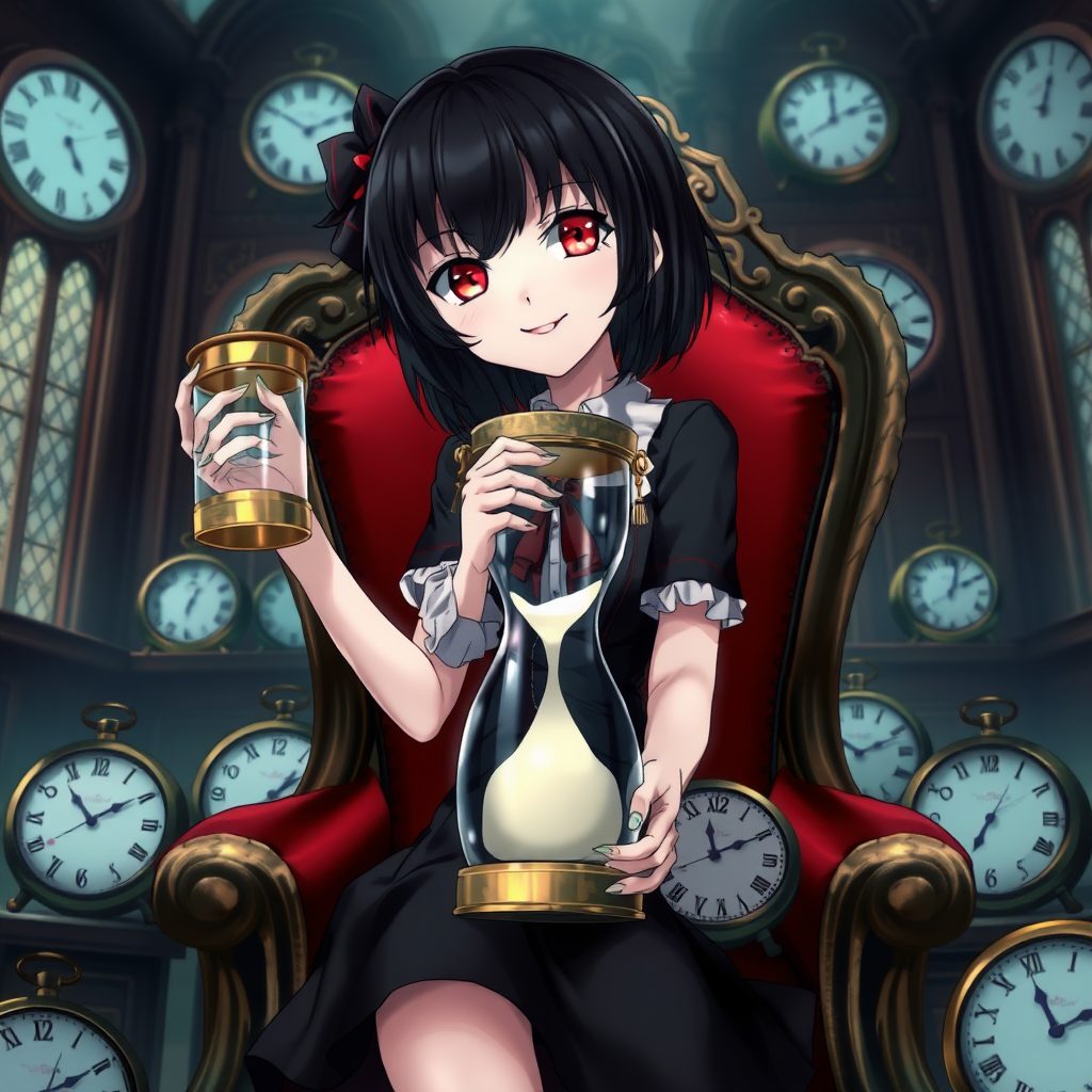 An anime girl with black hair and red eyes is carrying an hourglass. She has a smile like a villain and pale skin like a vampire. The girl is sitting on a chair of a noble mansion. Inside the room, there are many other clocks surrounding her.