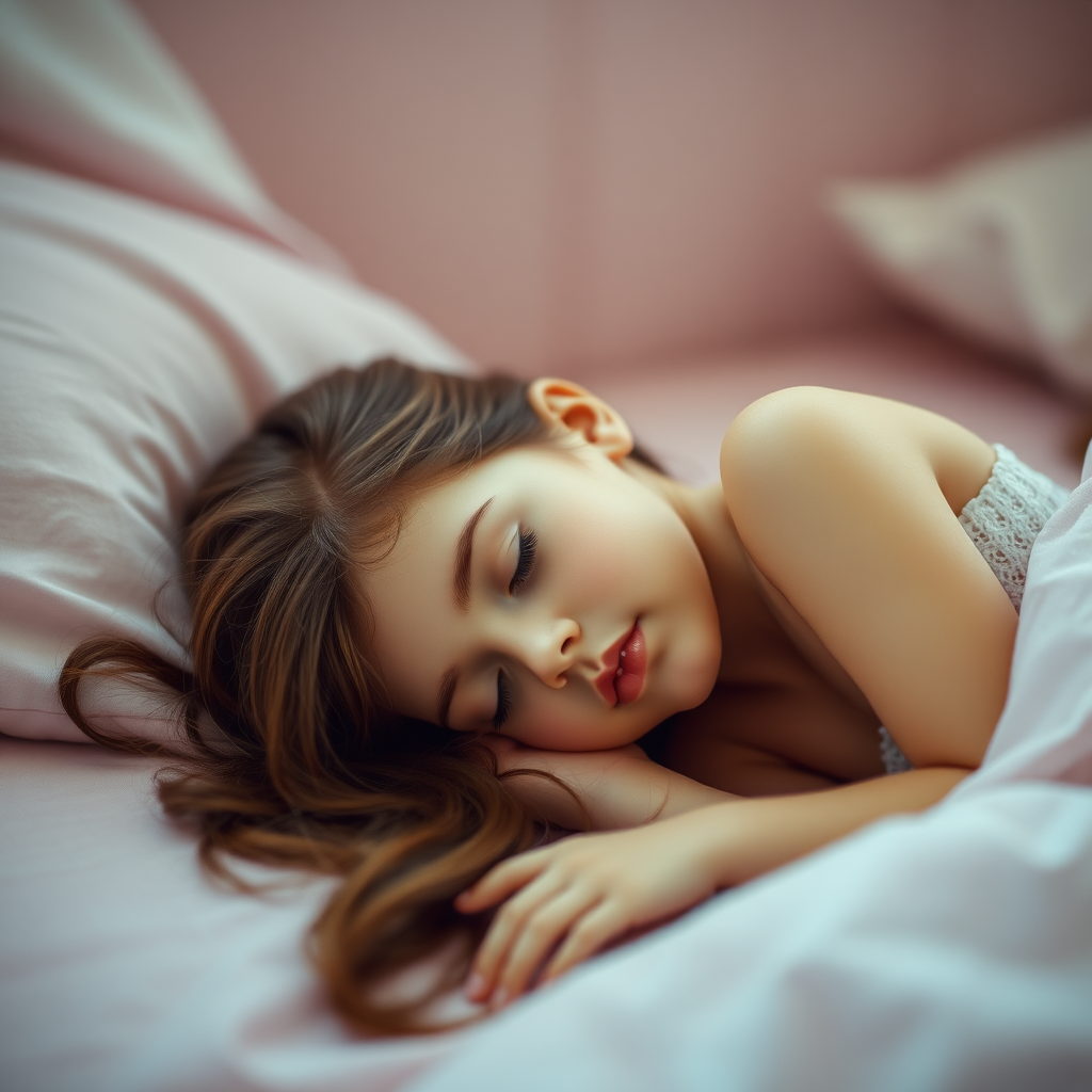 preteen girl sleeping in bed, porcelain doll, iridescent, glittering, panoramic landscape, focus stacking, abstract, minimalist art, in focus