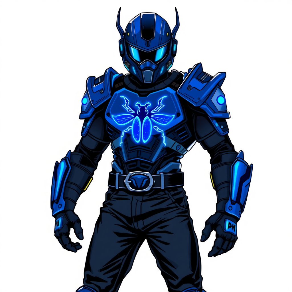 A 28-year-old cyberpunk vigilante stands heroically, clad in a high-tech, maximum blue armor featuring a neon blue glowing beetle on the chest. They wear black biker pants, a black belt with a sapphire beetle buckle, and a maximum blue full helmet with neon blue glowing lenses. Their hands are protected by black metal gloves, all set against a solid white background. He is drawn as if he was in a retro 2D cyberpunk fighting game.