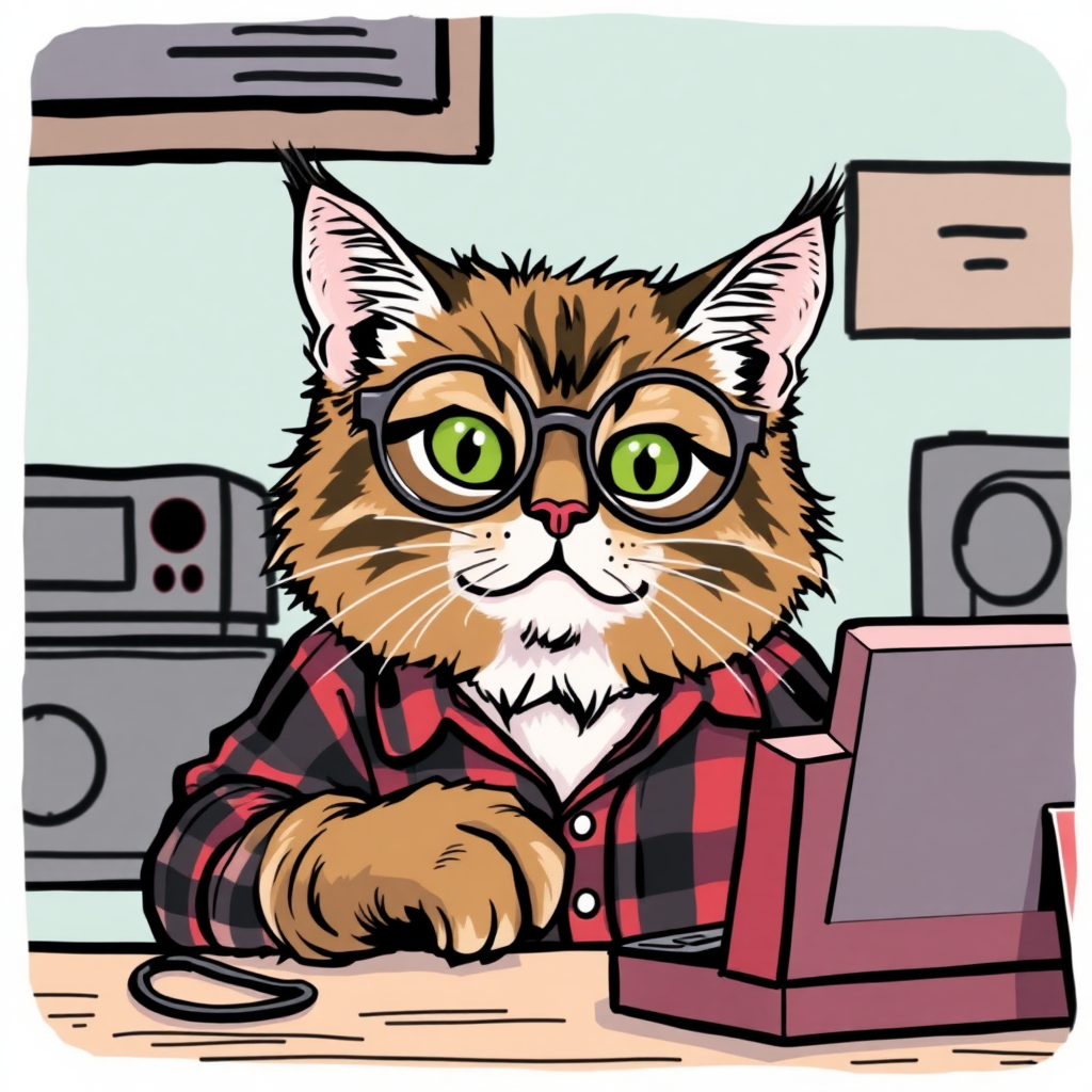 A Maine Coon cat playing a video game with semi-round glasses and a plaid shirt in a drawing style.