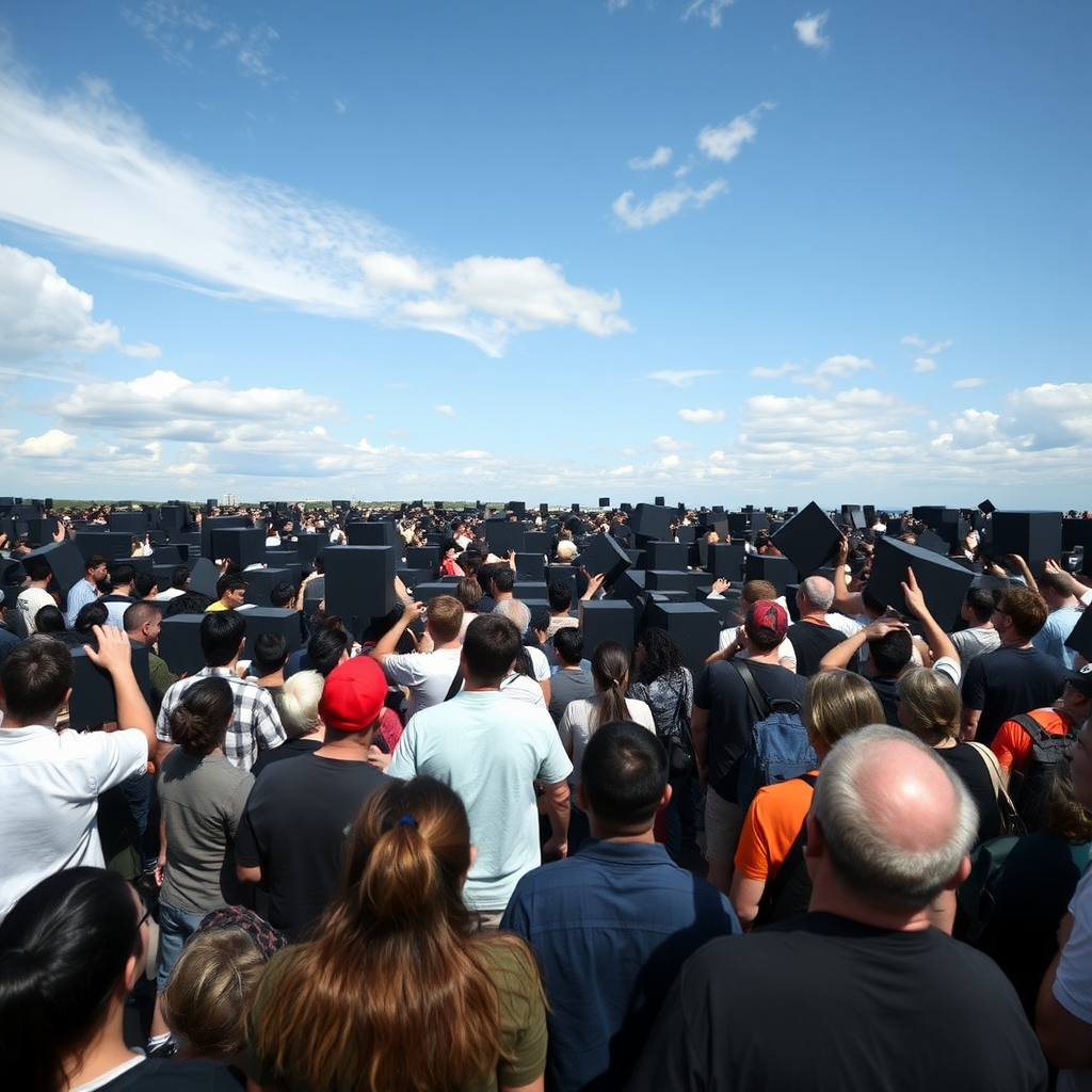 People all over the world look up and see black grid cubes grid the sky.