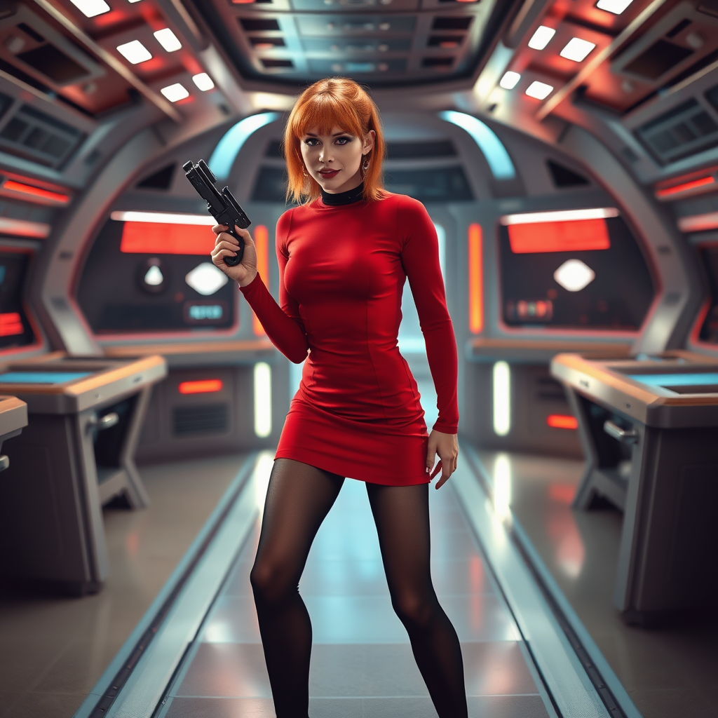 photorealistic, ultra high resolution, 16K, surreal fantasy, bright studio lighting, Tyler Swift is a pretty 24 year old male, slim male physique - no visible breast bulge, red hair, emo makeup, set on the bridge of Enterprise in Star Trek tv series, short red mini-dress, sheer black pantyhose, black stiletto calf-length boots, holding a phaser in his right hand, excited smile, facing the camera.