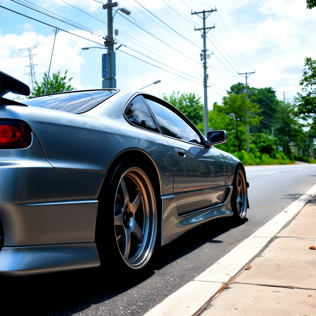 Nissan Silvia S14 the car is parked on the side of the road, inspired by Taiyō Matsumoto, tumblr, restomod, nd4, c4