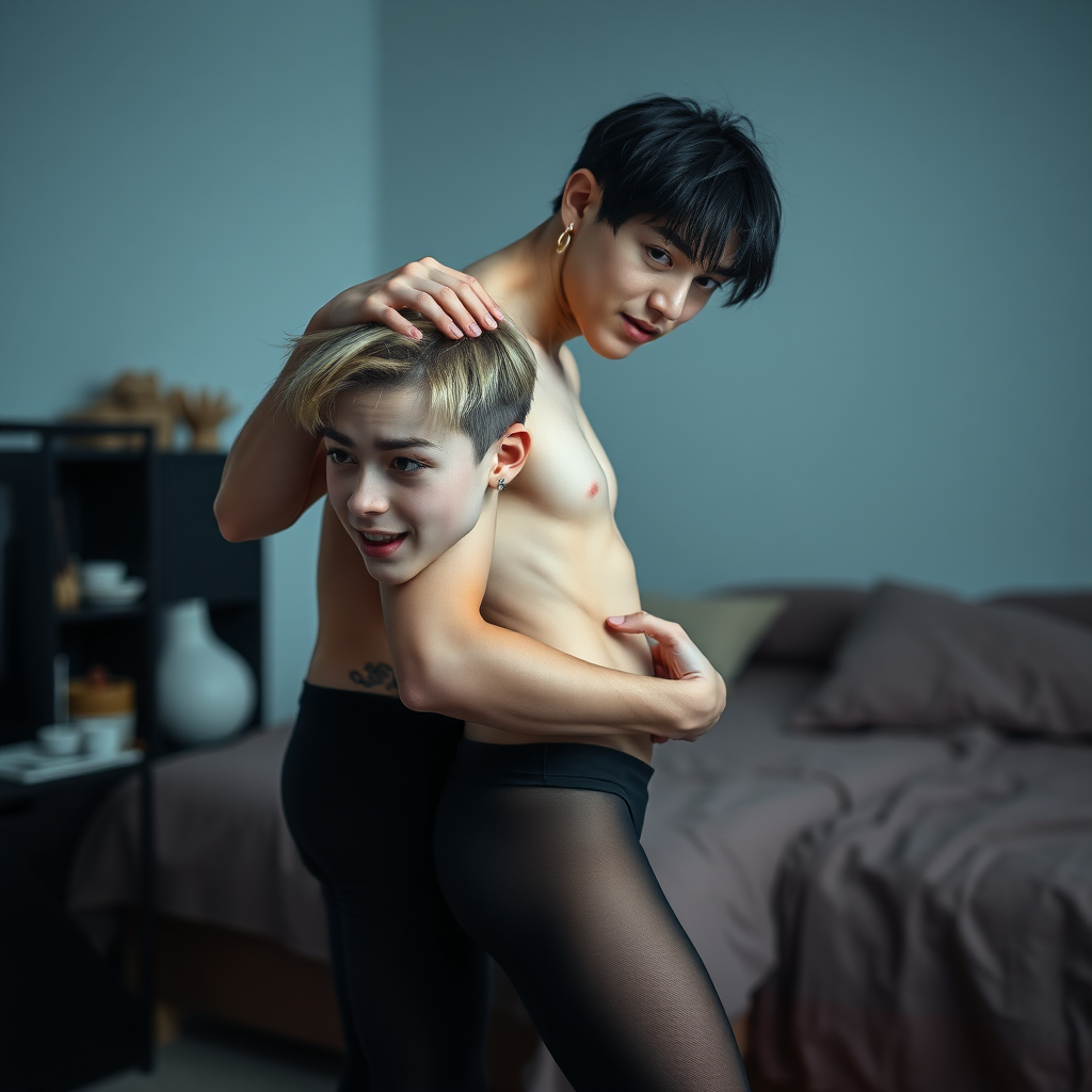 photorealistic, ultra high resolution, 16K, surreal fantasy, studio lighting, a pretty 16 year old goth male, slim male physique, short blonde hair, goth makeup, earrings, pantyhose, white ballet shoes, playing with dark haired his 16 year old boyfriend in the bedroom - he is bending forward, while the boyfriend stands up behind him and rests his hands on the boys shoulders, excited smile, facing the camera.