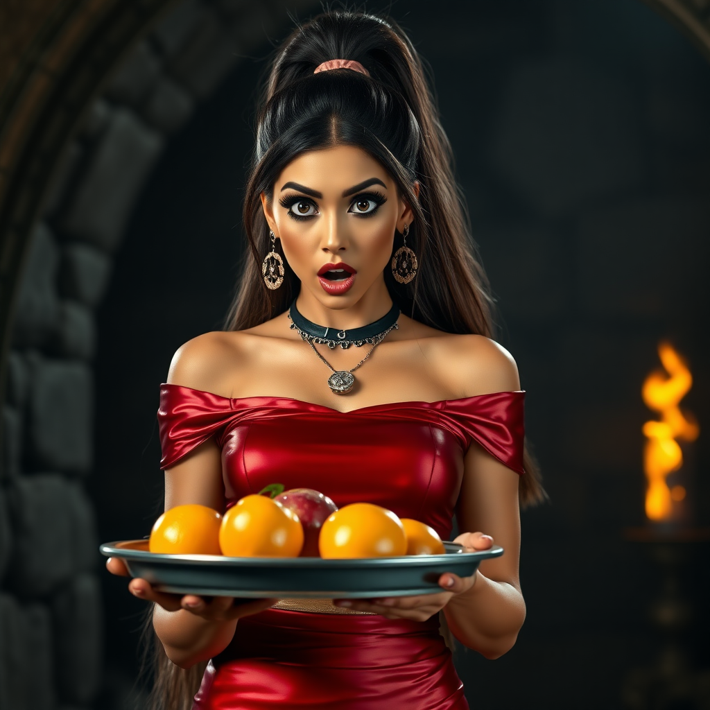 realistic photo of a surprised Arabian model with mouth open. She has very large eyes, black eyeshadow, black eyeliner, fake eyelashes, very tanned skin, very long hair. very high ponytail, she look likes princess jasmine, shinny red off shoulder crop top. photo realistic. She holds a metal tray with fruits just above her waist. crop top, shinny red skirt. full body view. shinny red pencil skirt. dungeon with fire torches in the background.