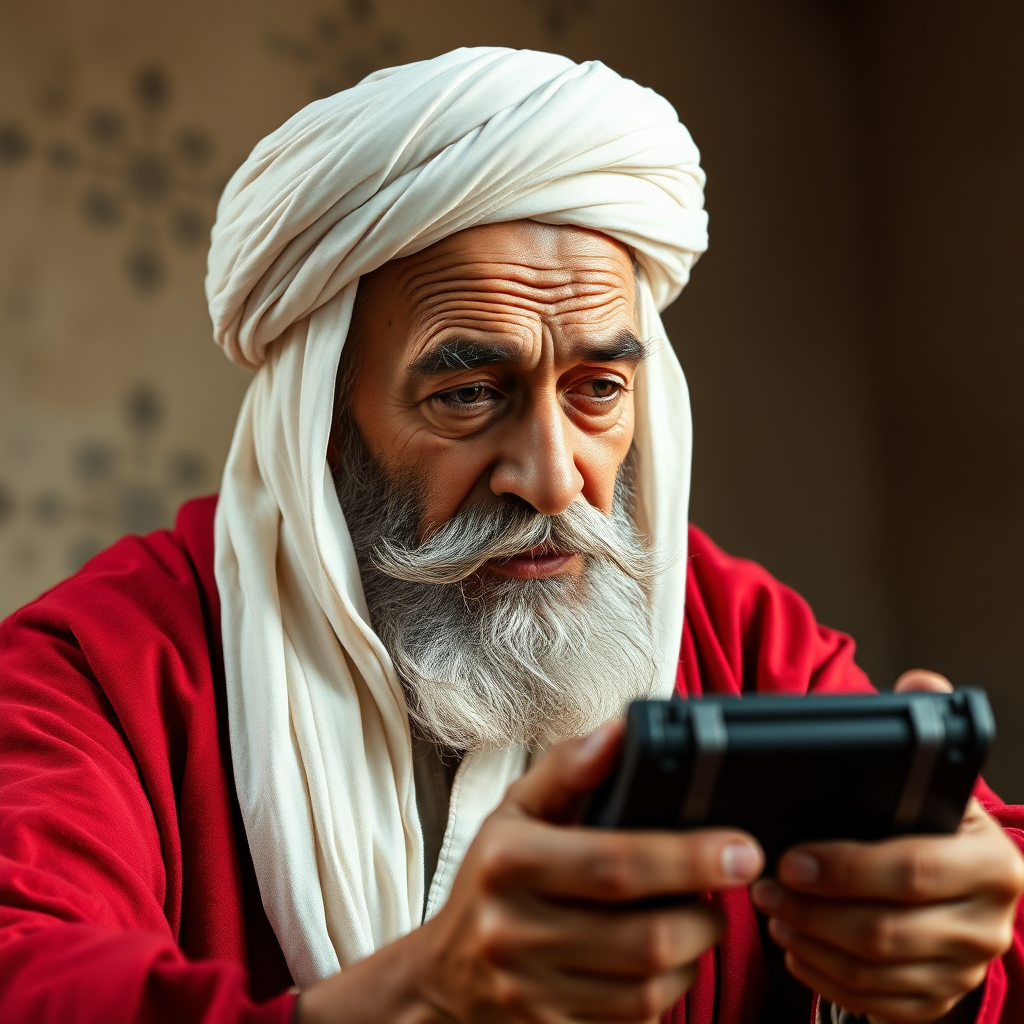 An elderly middle eastern man with a white turban and a thick mustache, wearing a red robe, against a background - GAMER PLAYING ON PLAYSTATION