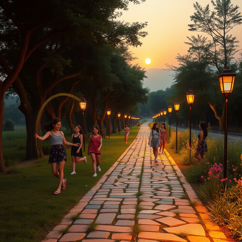 High summer. It is a hot late summer evening. The sun has already set. Three young, pretty Asian women are playing jump rope. Two other modern Asian women are playing badminton. Two more young Asian women are chatting by the roadside. A roughly 500-meter-long, uneven, and 2-meter-wide bike and walking path runs along the edge of the forest, made of strikingly colorful and variously sized paving stones. For 50 meters along the path, large trees grow and form a canopy. Alternately, every three meters on both sides of the path, about 1-meter-high lanterns are installed in the style of the 1950s, each in different colors that effectively and brightly illuminate the path. Small colorful herbs and wildflowers bloom on both sides of the path. A portion of the sky is visible. Like in a fantasy picture, there are a few veil clouds that still glow in pastel colors from the now-set sun. The image is bathed in warm yellow light. The intimidating atmosphere is mystical, eerie, and surreal. In the background, haze has formed. The weeds have been growing for two months. Note: The Asian women are a very important aspect of the image generation. They are meant to alleviate the viewer's fear. With the many Asian women present, the viewer does not feel alone and feels safe. The Asian women are recognizable and look at the viewer friendly. The Asian women should be generated as real and human.