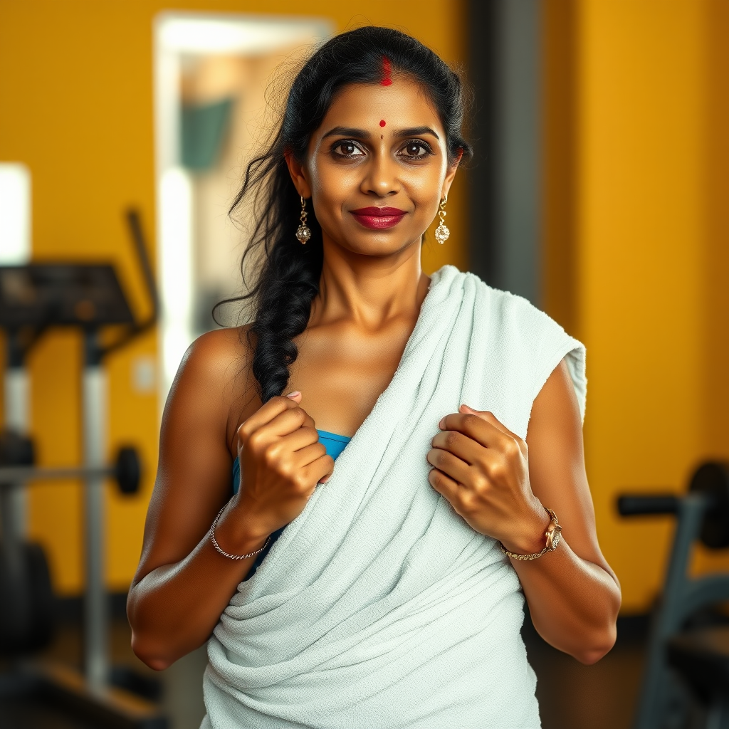 South Indian housewife, wrapped in towel, standing in gym