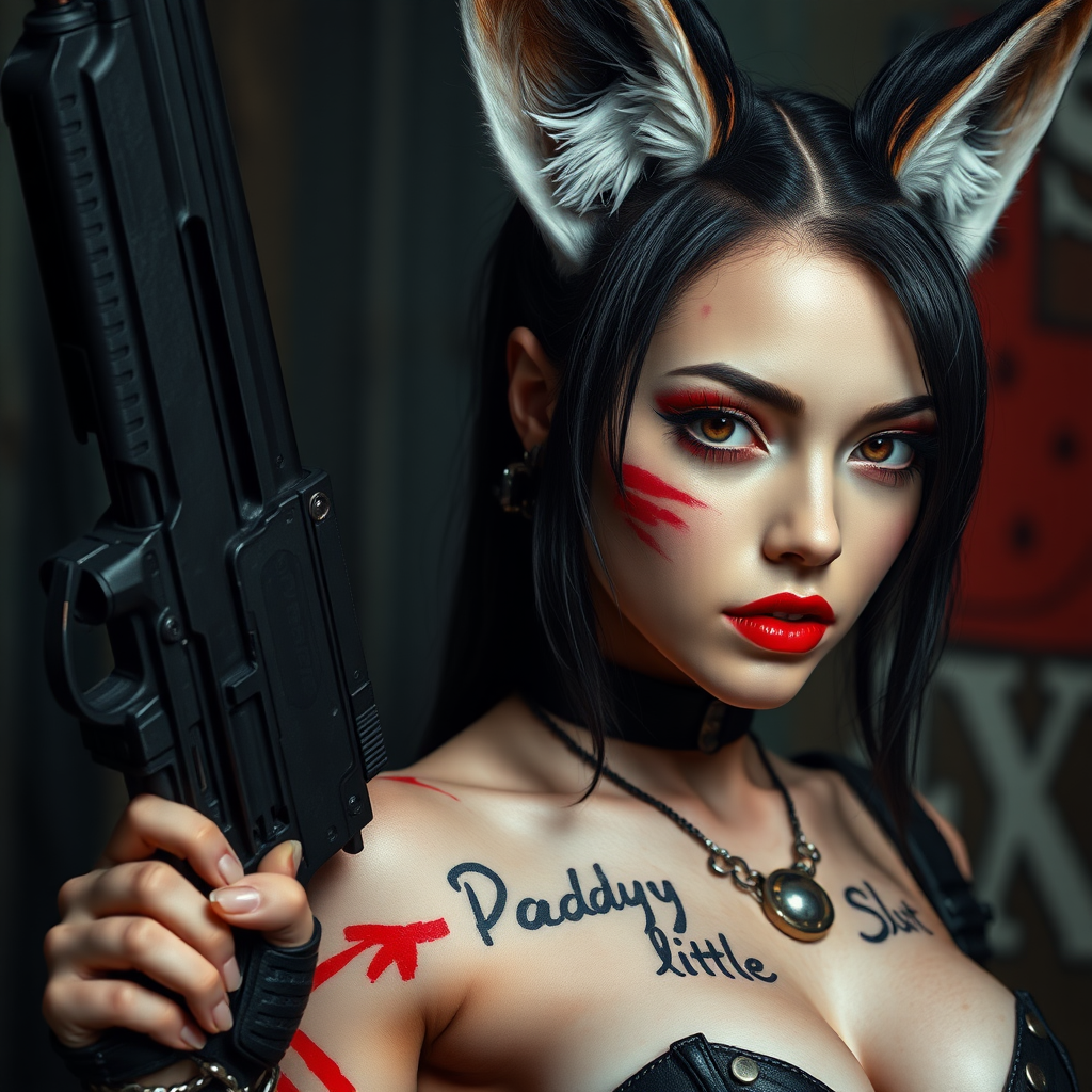 Real life photo of a cyberpunk waifu, she has “daddy’s little slut” written on her skin with lipstick. She is holding a big gun, she has fox ears, tiny metal nipple covers.