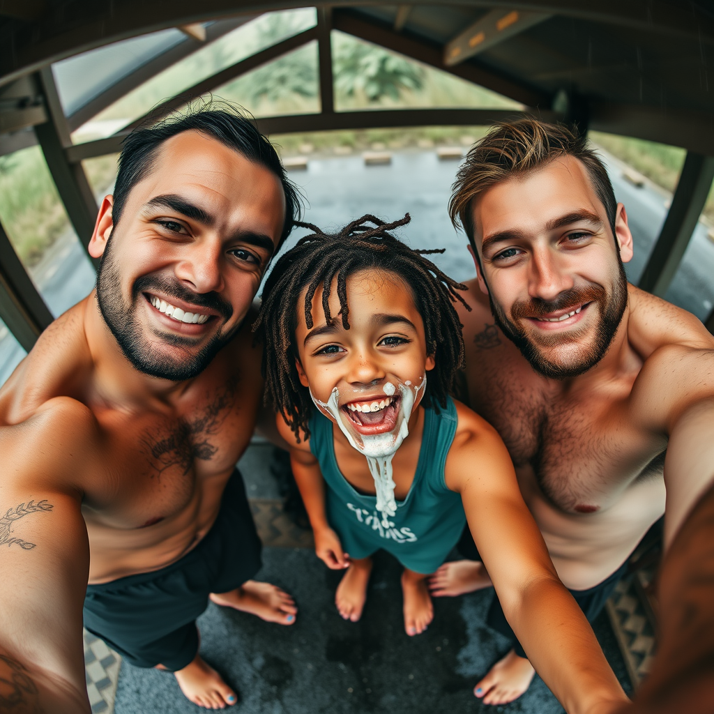 aerial selfie, selfie stick, confident athletic little barefoot boy with adorable hair and freckles licking with his dads, the boy is splattered with runny clear white mucous covering his face and drooling from his little mouth and dreadlocks and toes, he has braces, no clothes, his dad looks like his mind is blown by his little son, dads have hairy legs and barefoot, dark rainy rest stop picnic shelter