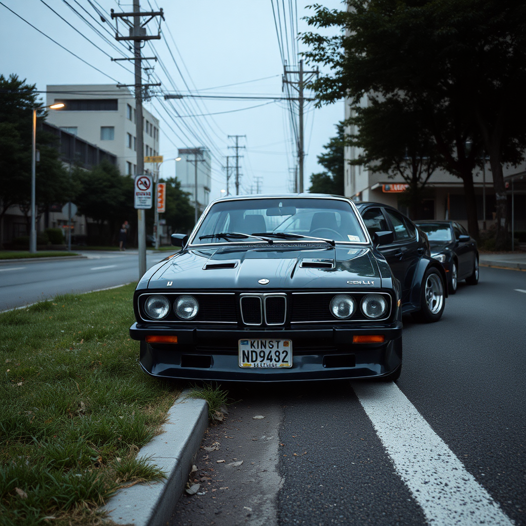 the car is parked on the side of the road, inspired by Taiyō Matsumoto, tumblr, restomod, nd4, c4