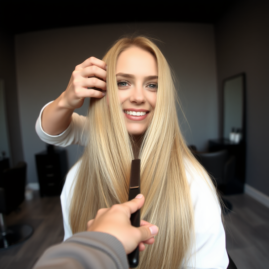 POV, beautiful very long haired blonde woman sitting in a hair salon smiling at the camera while I reach out from behind the camera to trim her very long hair. Plain gray background.