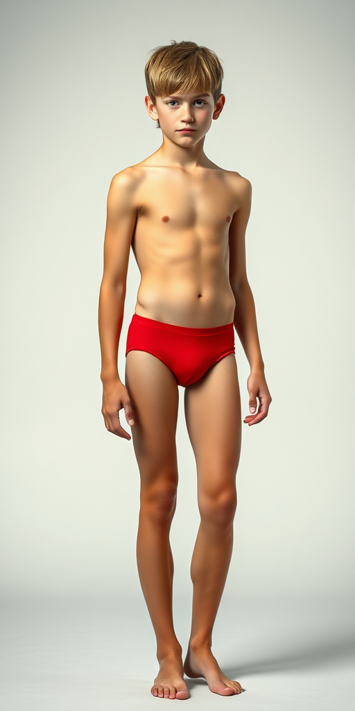 A skinny 14yo teen boy, long hairs bow cut, wearing tight narrow speedo, long legs, narrow thighs. full-length view. 1980s. photorealistic, ultra high resolution, 16K, Negative: grainy, blurry, bad anatomy, extra limbs, watermark.