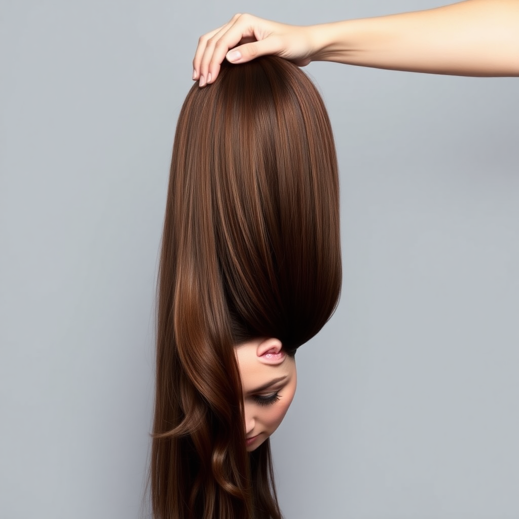 A surreal image of the beautiful disembodied head of a very long haired Kate Middleton. A hand is grasping the ends of her hair at the top of the frame while her head is hanging down from the other end. Plain gray background.