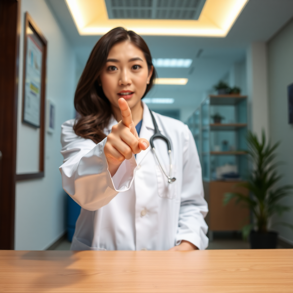 photo low angle Korean woman wearing lab coat standing and pointing her finger toward the camera which is on a table in front of her. she has a surprised look on her face