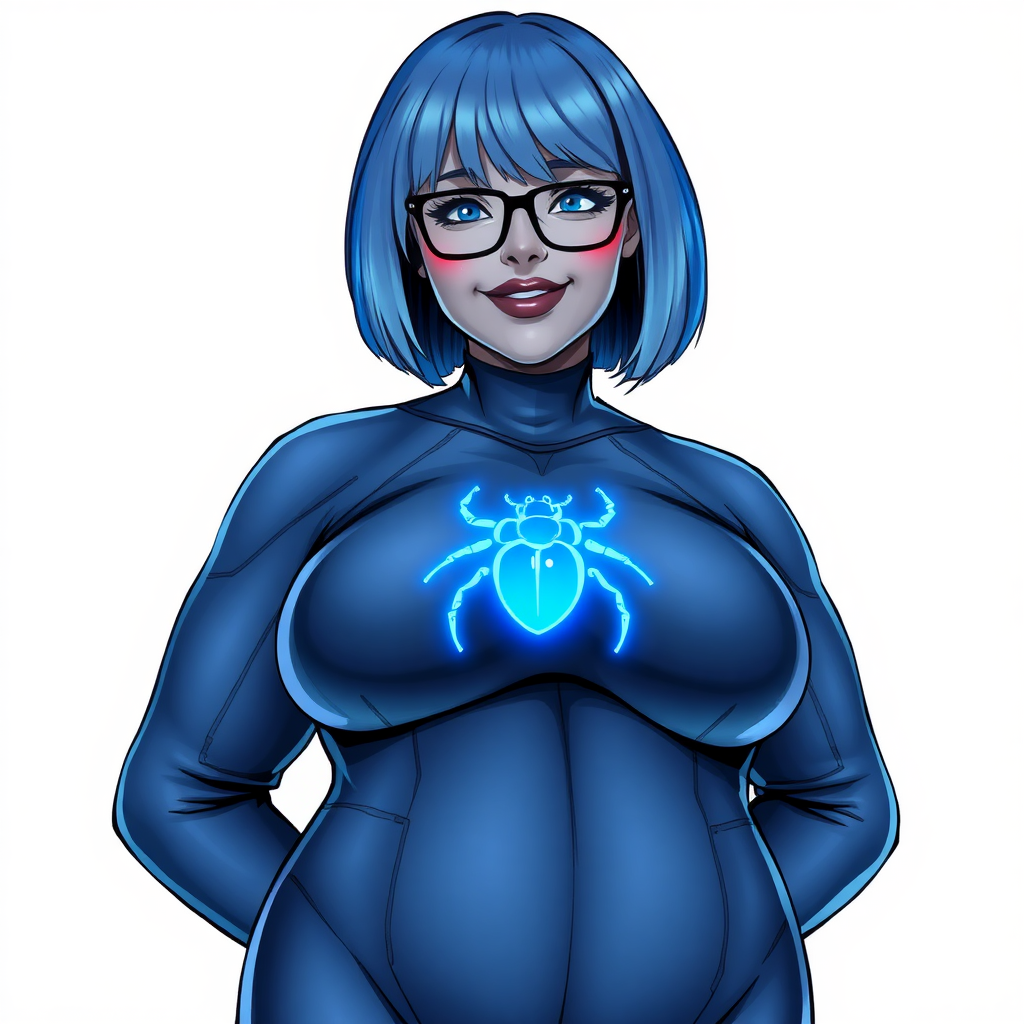 A 28-year-old, full-figured, middle gray metal skinned computer program-human hybrid with a maximum blue bob cut. She has an obvious non-athletic build. She is the digital sidekick, computer hacker, and nerdy girlfriend of her cyberpunk vigilante boyfriend. Her middle gray metallic skin, distinct from any other character, highlights her digital nature. She wears maximum blue lipstick and has bright blue eyes. Her outfit includes an oversized, loose fitting, digital, maximum blue bodysuit (accentuating her non-athletic figure) with a neon blue glowing chest icon of a beetle on its chest and black gloves. Black eyeglasses accentuate her nerdiness, and she has a lovestruck smile with neon red blush. Her non-athletic full figure consists of a prominent, gargantuan, round midsection (with the full emphasis on her round gargantuan belly), gigantic limbs, and broad shoulders, reflects the doting care of her vigilante boyfriend. She has a bashful pose with her hands behind her back on a solid white background. She is drawn as if she was in a retro 2D cyberpunk fighting game. Ensure her bodysuit covers all her bare skin (especially her prominent round gargantuan belly). Her oversized full bodysuit is influenced by Watchmen's Silk Spectre II. She is clearly non-athletic, with emphasis on her full-figured and pudgy physique.